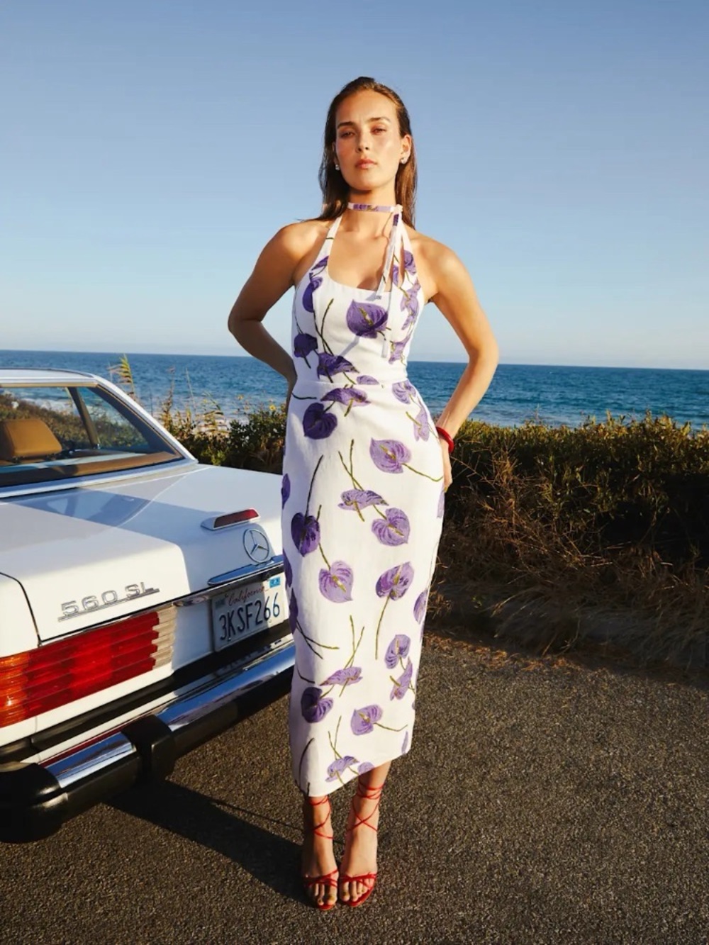 Reformation White Halter Maxi Dress with Purple Floral Print